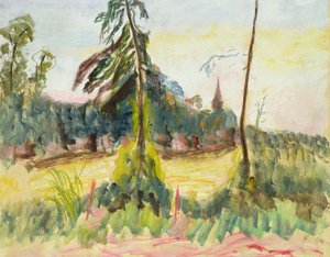 木と小さな教会のある風景 作： Roderic O Conor